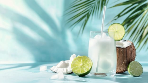 A chilled coconut lime drink served in a glass filled with ice is placed beside a coconut half and lime slices, set against a vibrant blue background with palm leaf shadows.