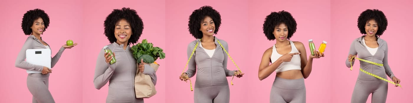 African American woman showcases her commitment to a healthy lifestyle by holding fruits and vegetables, while also displaying fitness equipment, all against a vibrant pink background.