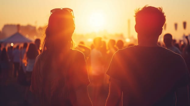 A couple stands hand in hand, silhouetted against a stunning sunset, enjoying the lively atmosphere of a festival. The warm glow of the evening sun casts a golden hue over the crowd, creating a joyful and memorable experience filled with laughter and excitement.