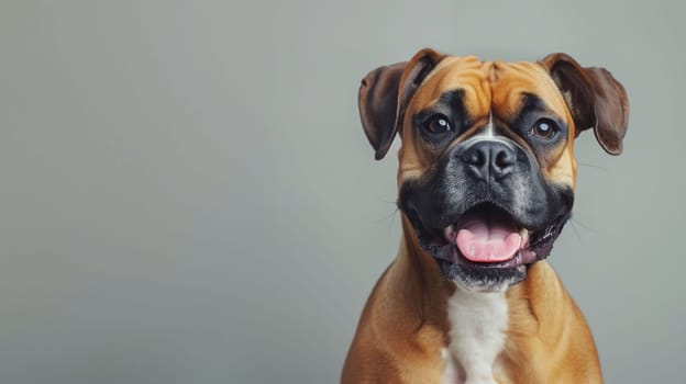 A cheerful boxer dog smiles with its mouth open, gazing directly at the camera. The dog’s fur is a mix of brown and white, and its playful expression adds to the friendly ambiance of the studio background.