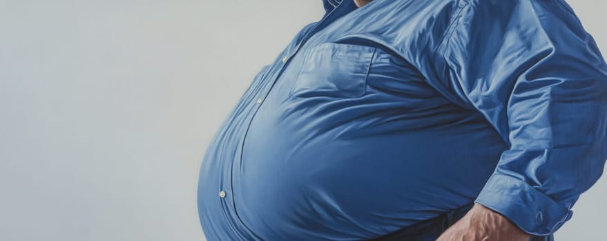 Man in blue shirt with large stomach, side view. Health and lifestyle concept.
