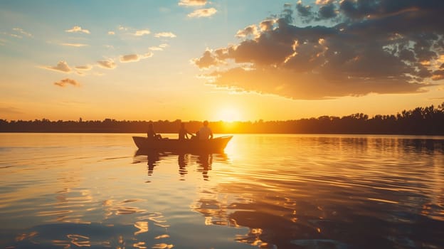 A group of friends enjoys a tranquil boat ride on a serene lake as the sun sets in the background, casting golden reflections on the water. The sky is filled with soft clouds and warm colors, creating a peaceful atmosphere perfect for relaxation and connection.