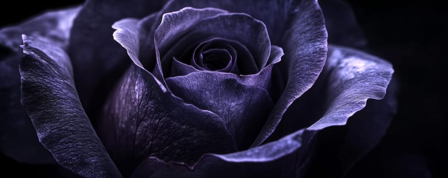 Close-up of a dark purple rose in low light, dramatic floral photography. Nature and beauty concept.