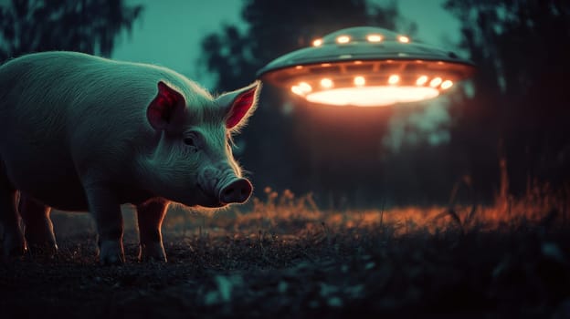 Pig in a field at night with illuminated ufo, mysterious encounter concept.