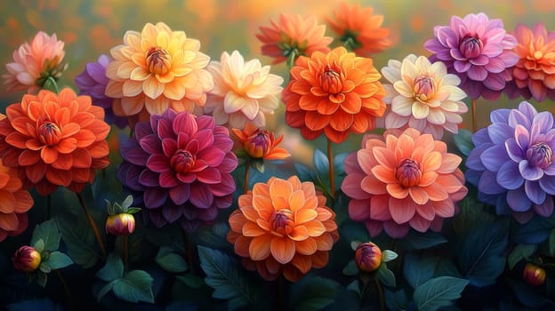 Colorful dahlia flowers in full bloom, vibrant garden scene. Nature beauty and floral concept.
