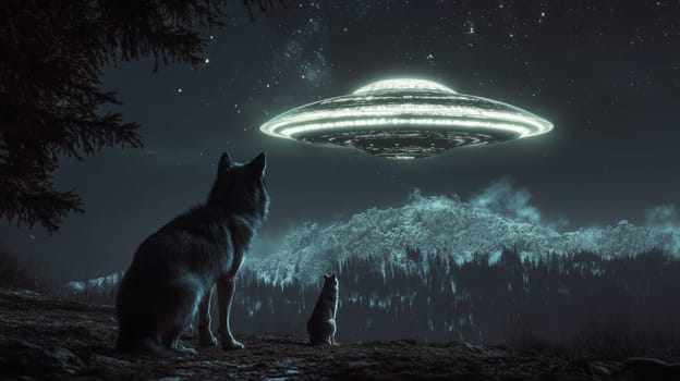 Wolves watching a UFO over a snowy forest at night, mysterious encounter concept.