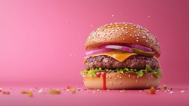 A delicious cheeseburger topped with lettuce, tomato, onion, and pickles sits against a bright pink backdrop.