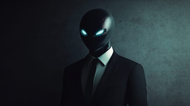 Alien figure in dark suit with glowing eyes, mysterious atmosphere. Science fiction and enigmatic concept.