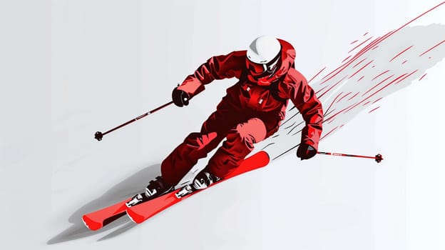 A skier dressed in a vibrant red outfit skillfully navigates down a snow-covered slope, showcasing precision and speed. The surrounding area reflects a winter wonderland with pristine white snow, emphasizing the excitement of winter sports.