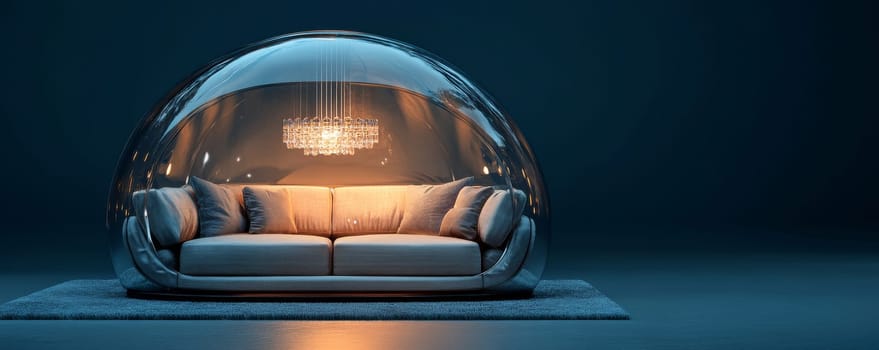 Modern sofa inside a transparent dome with ambient lighting, futuristic design concept.