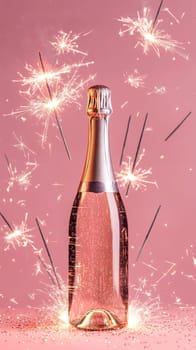 Champagne bottle with sparklers on pink background.