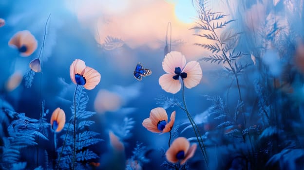 Serene meadow with wildflowers and butterfly at sunset, nature beauty concept.