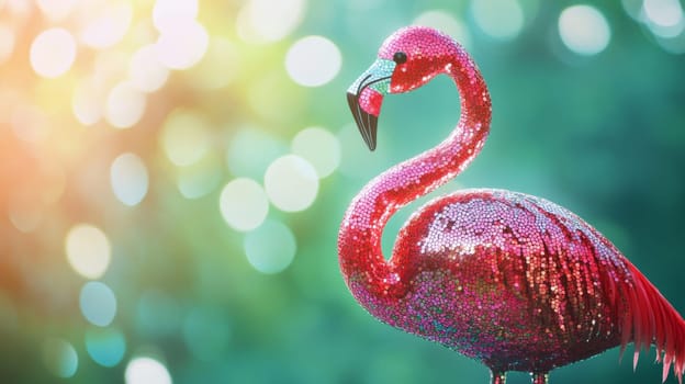 Shimmering pink flamingo sculpture with green bokeh background, artistic decoration concept.