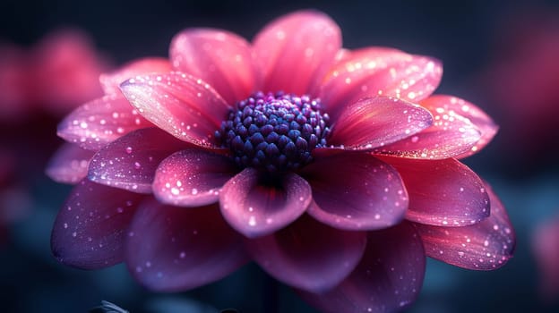 Macro photography of pink dahlia with dewdrops, dark background. Nature beauty and floral concept.