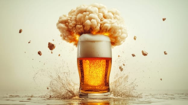 exploding glass of beer with frothy top, creative concept.