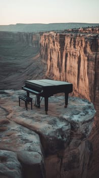 Grand piano on cliff edge at sunrise.