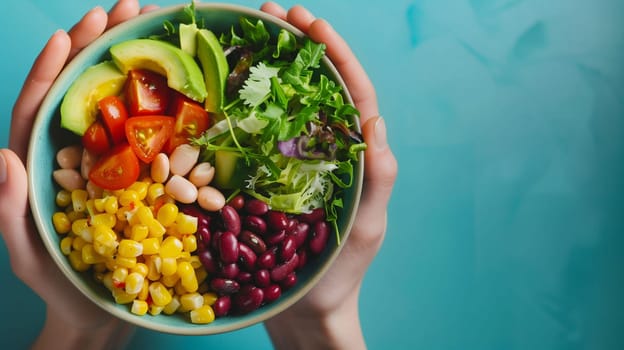 A person is holding a vibrant bowl filled with a variety of fresh ingredients, including tomatoes, corn, beans, avocado, and mixed greens. The arrangement of the food showcases bright colors and healthy options, highlighting a nutritious meal choice against a soothing blue background.