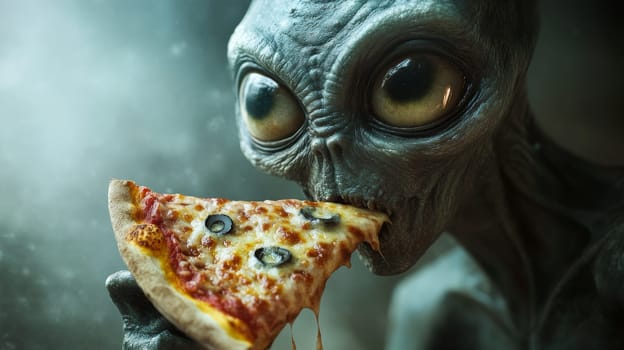 Alien eating pizza with olives, humorous concept.