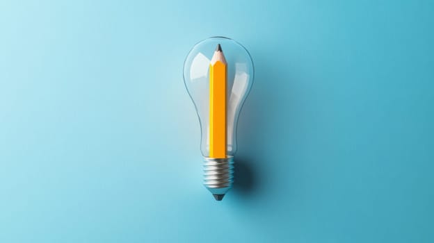 Light bulb with pencil on blue background, creative idea concept.