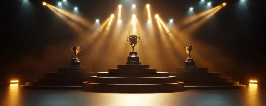 Award trophies on podium under dramatic lighting.