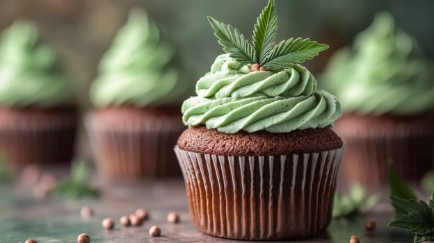 Chocolate cupcake with green frosting and cannabis leaf decoration, dessert photography concept.