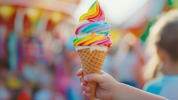 A hand is raised, showcasing a vibrant rainbow swirl ice cream cone in a festive fair environment.