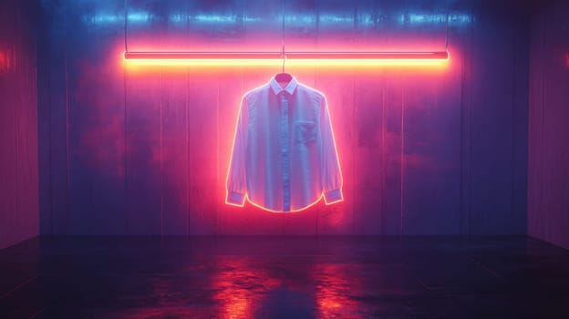 Neon lit white shirt in dark room, futuristic fashion concept.