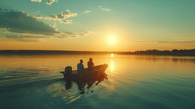 As the sun sets on the horizon, two individuals enjoy a peaceful boat ride across the calm waters of a tranquil lake. The warm golden hues reflect off the surface, creating a picturesque moment in nature.