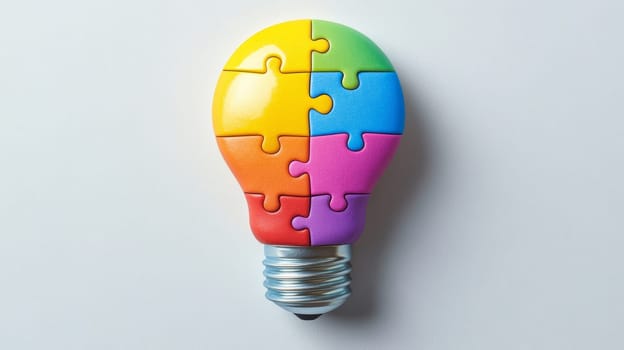 Light bulb made of colorful puzzle pieces, creativity and innovation concept.