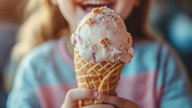A joyful child smiles widely while holding a delicious ice cream cone topped with sprinkles.