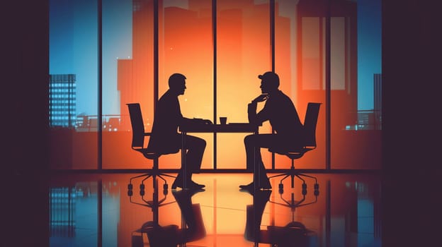 Two people are seated at a table, deep in conversation, silhouetted by a colorful sunset view through large windows.