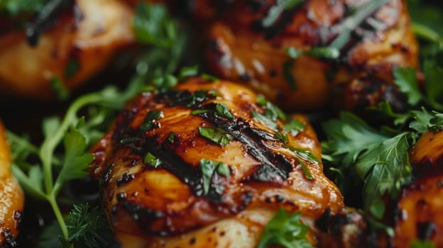A close-up of perfectly grilled chicken thighs, showcasing their rich, golden-brown color and enticing grill marks. The dish is artfully garnished with vibrant green herbs, adding a fresh touch and enhancing its appeal.