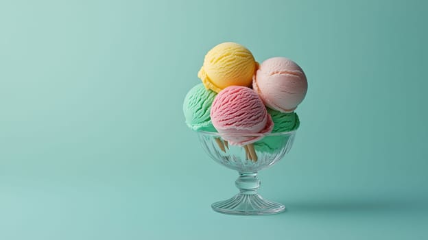 A bowl holds several scoops of ice cream in green, pink, and yellow flavors, arranged attractively against a soft pastel backdrop.