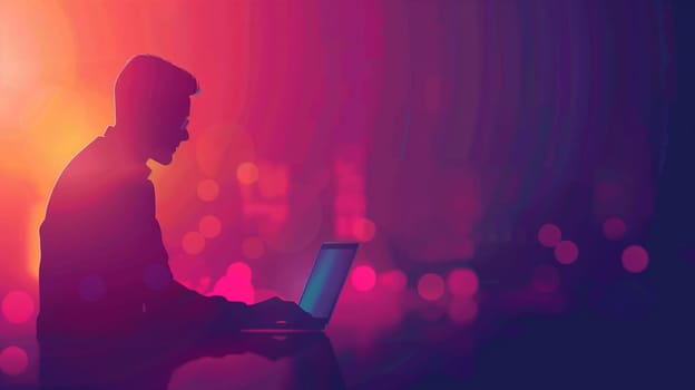A person is focused and engaged while working on a laptop, silhouetted by vibrant, colorful lights. The urban ambiance creates a lively atmosphere as dusk settles outside. The backlighting highlights the individual's concentration and dedication to their work.