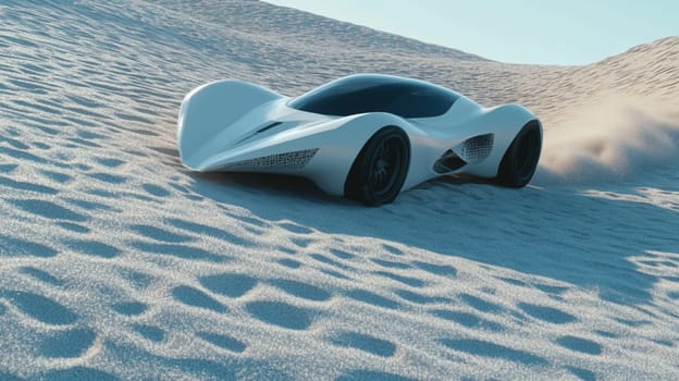 A futuristic white car with a sleek design, featuring aerodynamic curves and large wheels, driving on a sandy landscape under a clear blue sky.