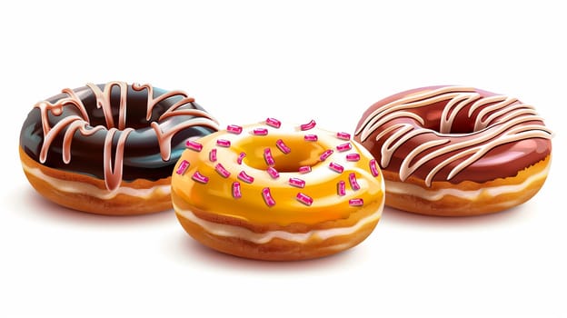 Three delightful gourmet donuts sit temptingly arranged, featuring vivid toppings of chocolate, yellow icing, and striped designs. Each donut showcases unique decorations, including colorful sprinkles, making this an inviting treat.