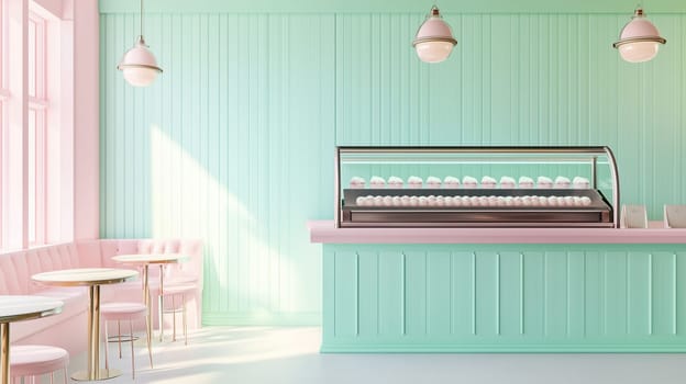 A pastel-colored bakery features a glass display case filled with pastries, with cozy tables and soft lighting creating a welcoming atmosphere.