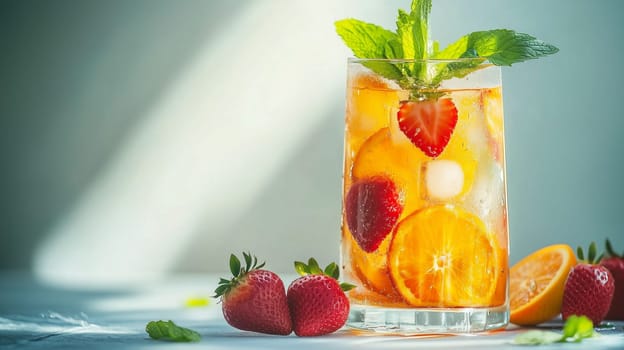 A tall glass filled with a colorful mix of sliced strawberries, oranges, and mint leaves sits on a sunlit table. Fresh strawberries and orange slices are nearby, enhancing the vibrant display.