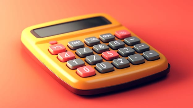 A yellow calculator rests on a vibrant orange background, showcasing its buttons and digital display, ready for calculations related to budgeting or financial planning.
