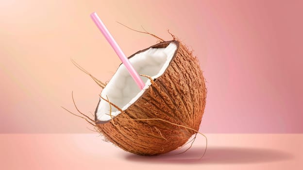 A halved coconut sits on a surface, featuring a pastel pink background that enhances its natural color. A pink straw is placed inside, inviting one to enjoy the refreshing beverage contained within. The arrangement highlights the coconut's textured outer shell and soft inner flesh.