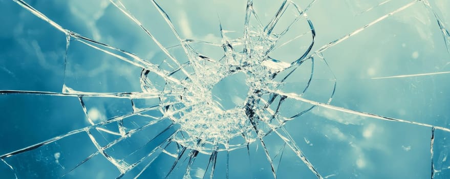 Close-up of shattered glass on a blue background. Fragility and breaking concept.
