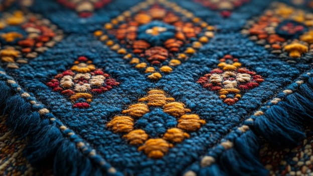 Ornate carpet blue and orange with geometric patterns, intricate textile art, cultural heritage concept.