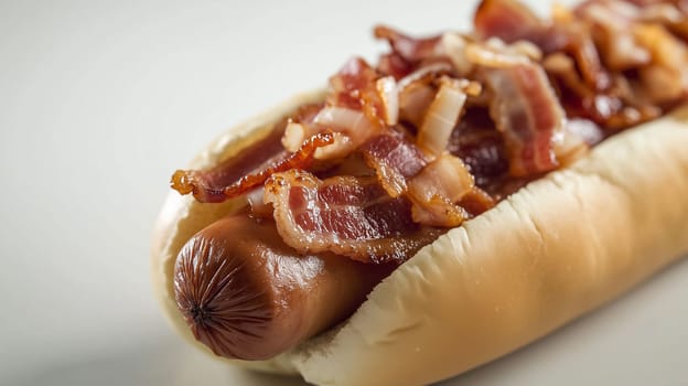 A mouthwatering hot dog is generously topped with crispy bacon, nestled in a soft bun. This tempting dish is perfect for outdoor barbecues or casual summer gatherings.