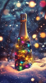 Champagne bottle with colorful lights in winter snow.