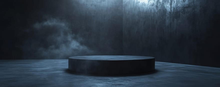 Dark empty room with spotlight on round podium, mysterious ambiance. abstract atmosphere and presentation concept.
