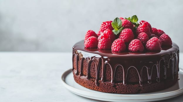 A chocolate cake adorned with fresh raspberries and a glossy ganache sits elegantly on a white plate. The clean backdrop enhances the cake's vibrant colors and textures.
