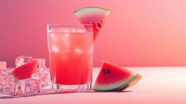 A delicious watermelon beverage fills a clear glass, adorned with fresh fruit slices. Ice cubes surround the glass against a soft pink backdrop, creating a vibrant and inviting atmosphere.