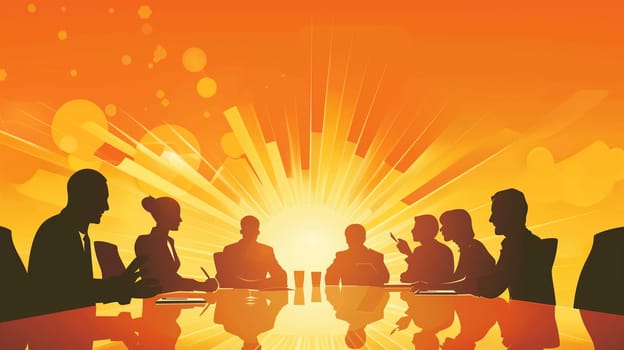 A group of professionals engaged in a meeting around a table, illuminated by a vibrant sunset backdrop.
