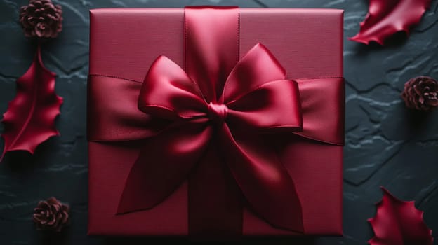 Gift box with red ribbon and holly leaves, festive presentation. Holiday celebration and gift-giving concept.