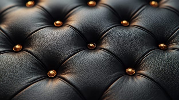 Black tufted leather upholstery with golden buttons, close-up view. Luxury interior design and elegance concept.